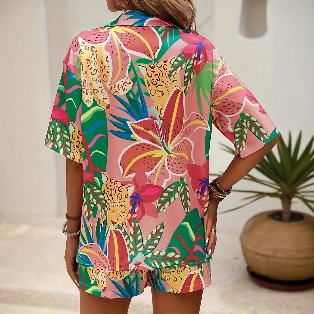 Dames Set Shirt en Shorts – Relaxed Fit – Lichtgewicht Ademend – Tropisch Print