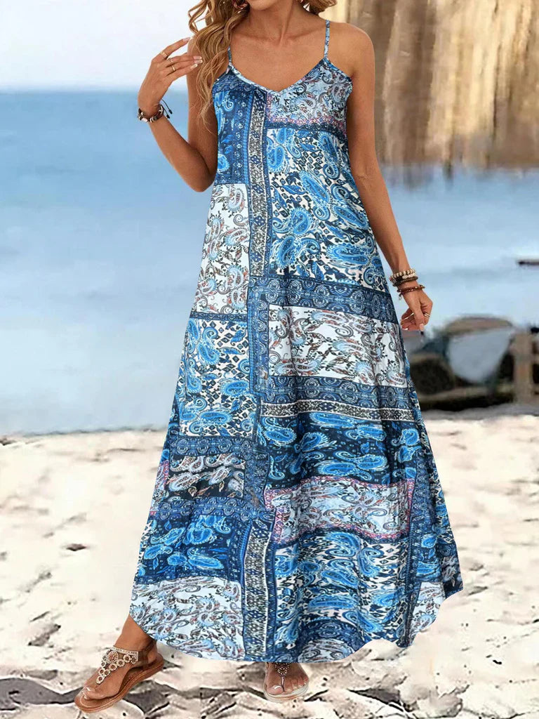 Dames Maxi Jurk – Bloemenprint – V-Hals – Spaghettibandjes – Losvallende Pasvorm