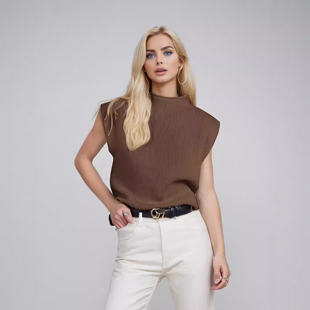 Dames trui zonder mouwen – Turtleneck – Relaxed fit – Ribbelstructuur – Zachte knit