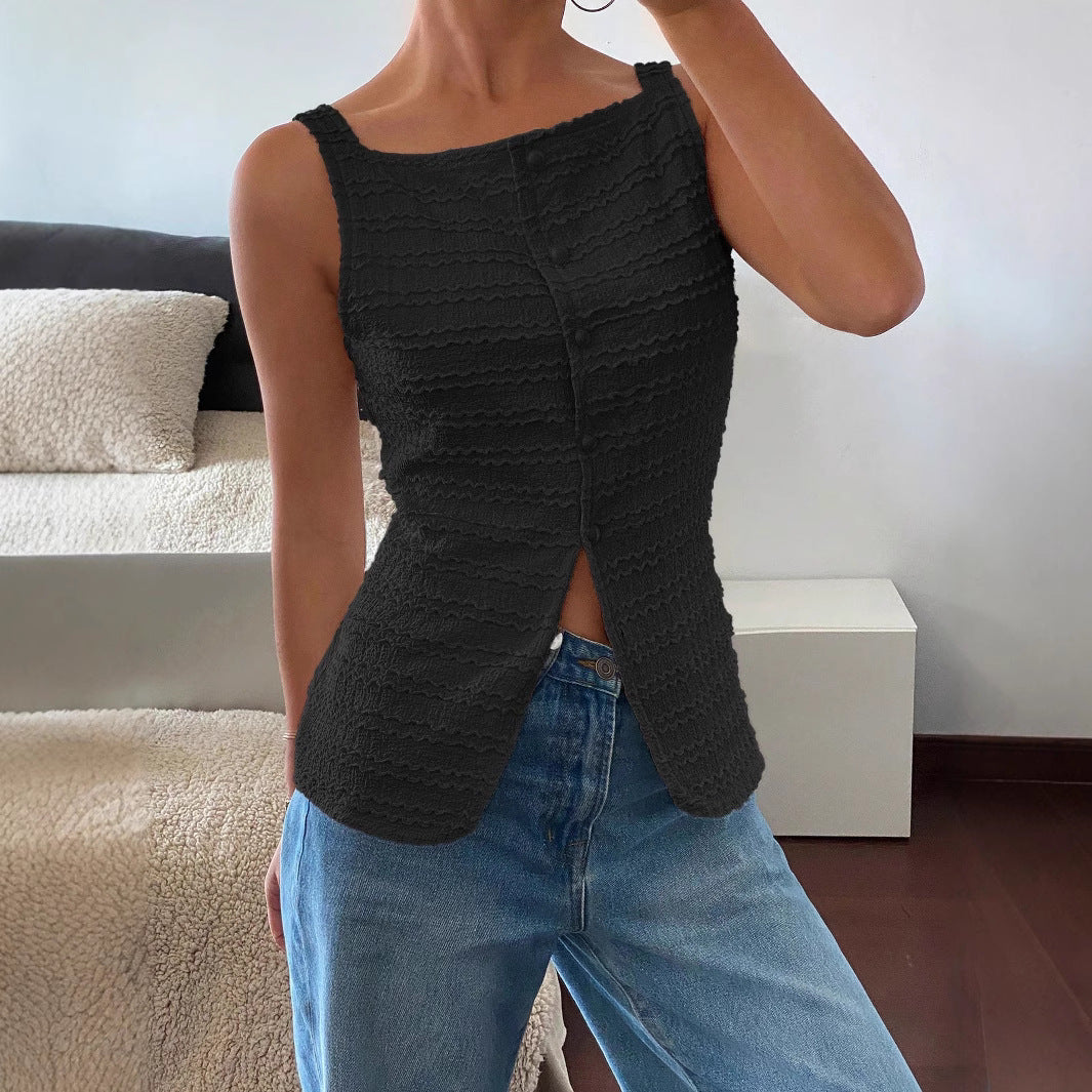 Dames Tanktop – Slim Fit – Geribde Stof – Voornaad – Splitzoom – Mouwloos