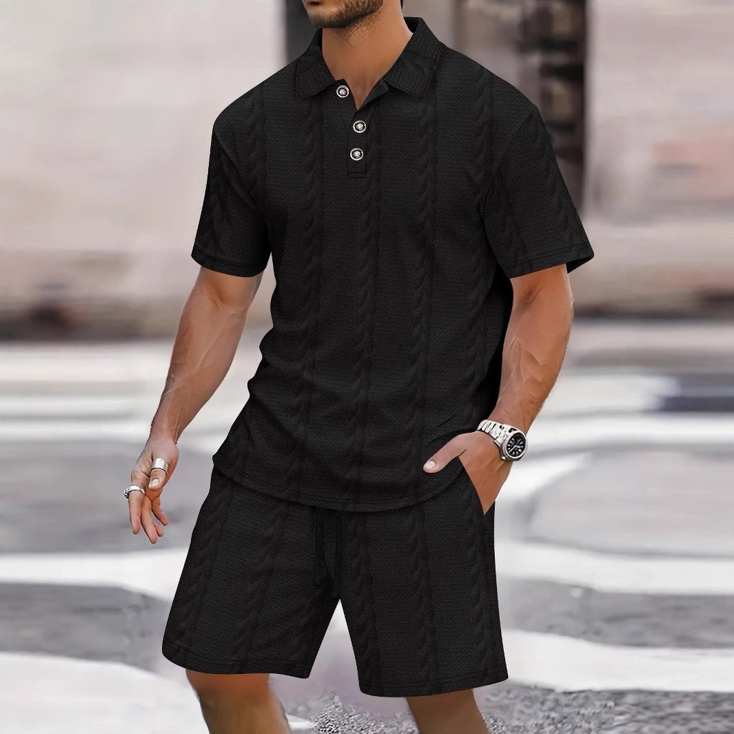 Heren Set Shirt en Bermuda – Relaxed Fit – Ademend Gebreid – Knoopsluiting