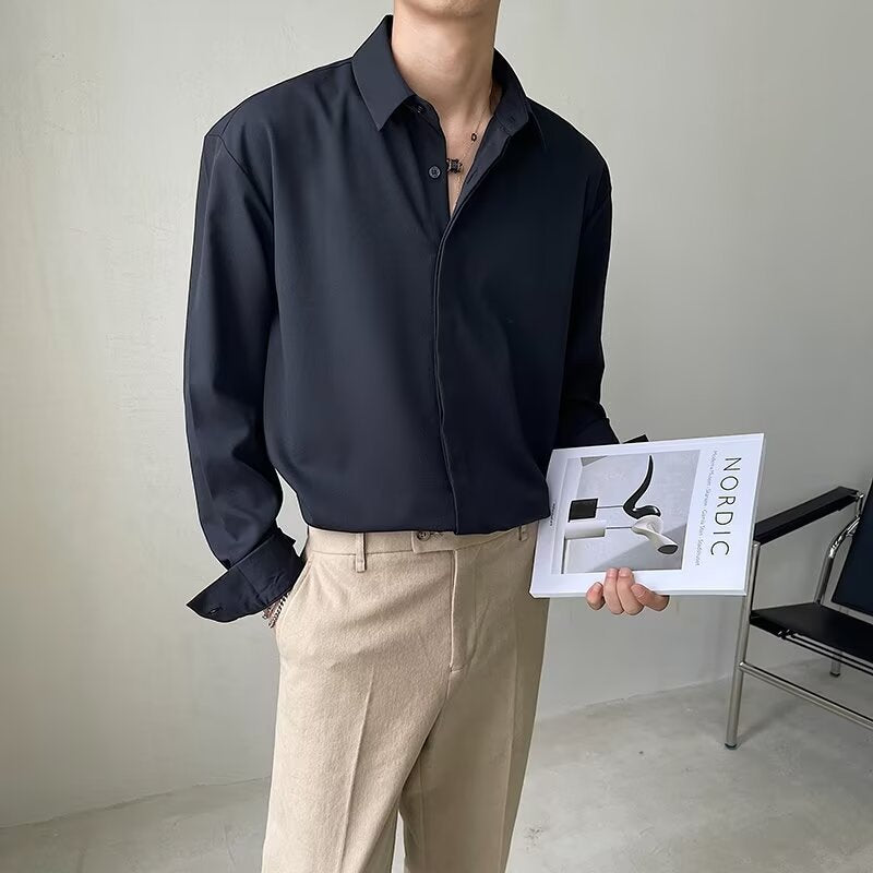 Herrskjorta – Smal Passform – Lättvikts Stretch – Dold Knappslå – Lång Ärm