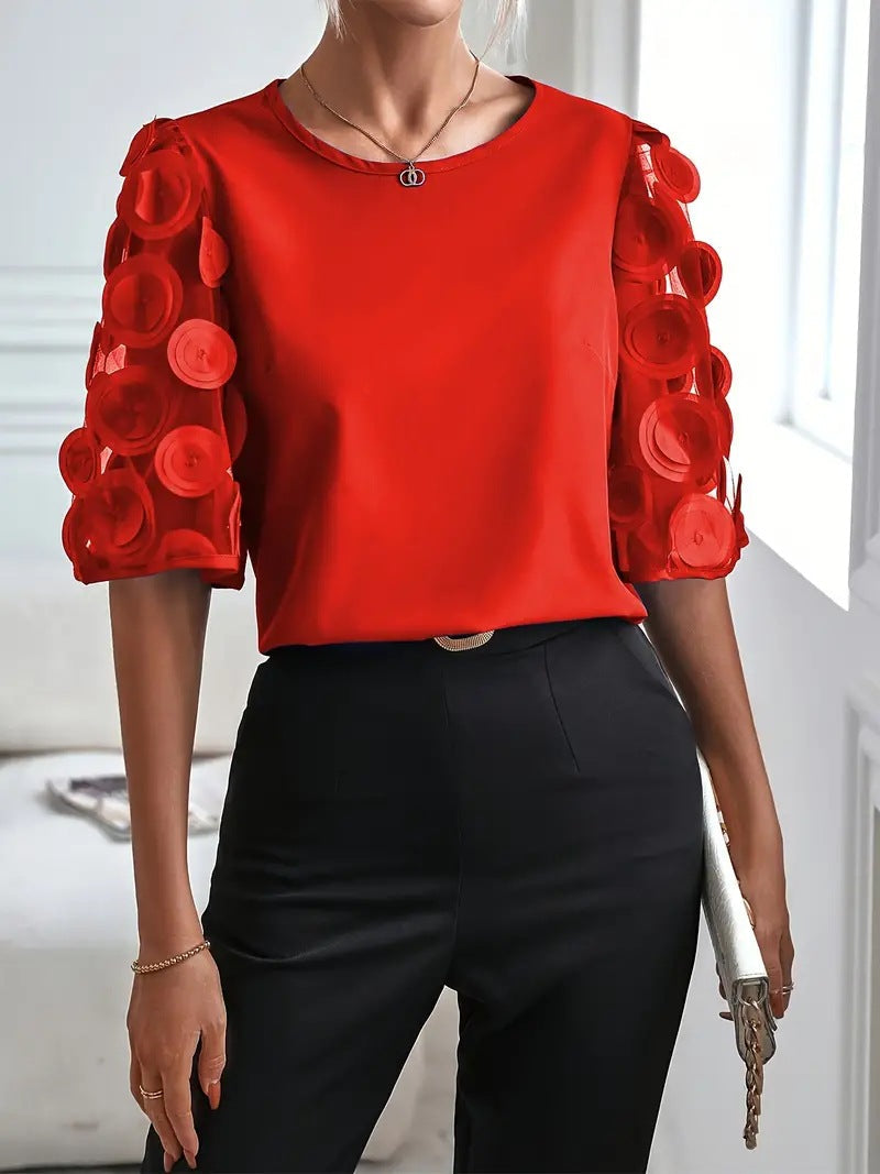 Dames Top met Korte Mouwen – Relaxte Pasvorm – Flared Mouwen – Kantdetails – Casual