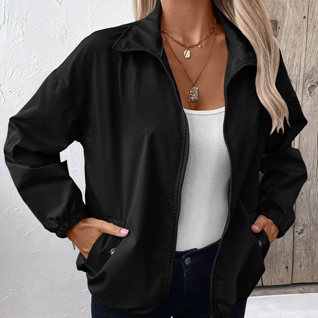 Damjacka – Vattentät – Avslappnad Passform – Höftlängd – Dragkedja – Elastiska Muddar