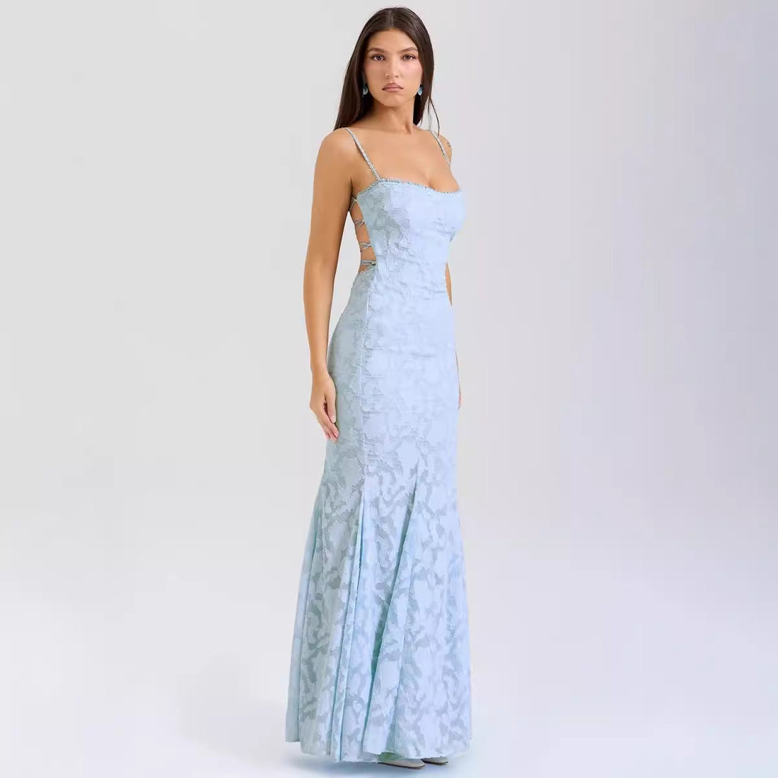 Dames Maxi Jurk – Slim Fit – Satijnlook – Kantdetails – Spaghettibandjes – Elegant