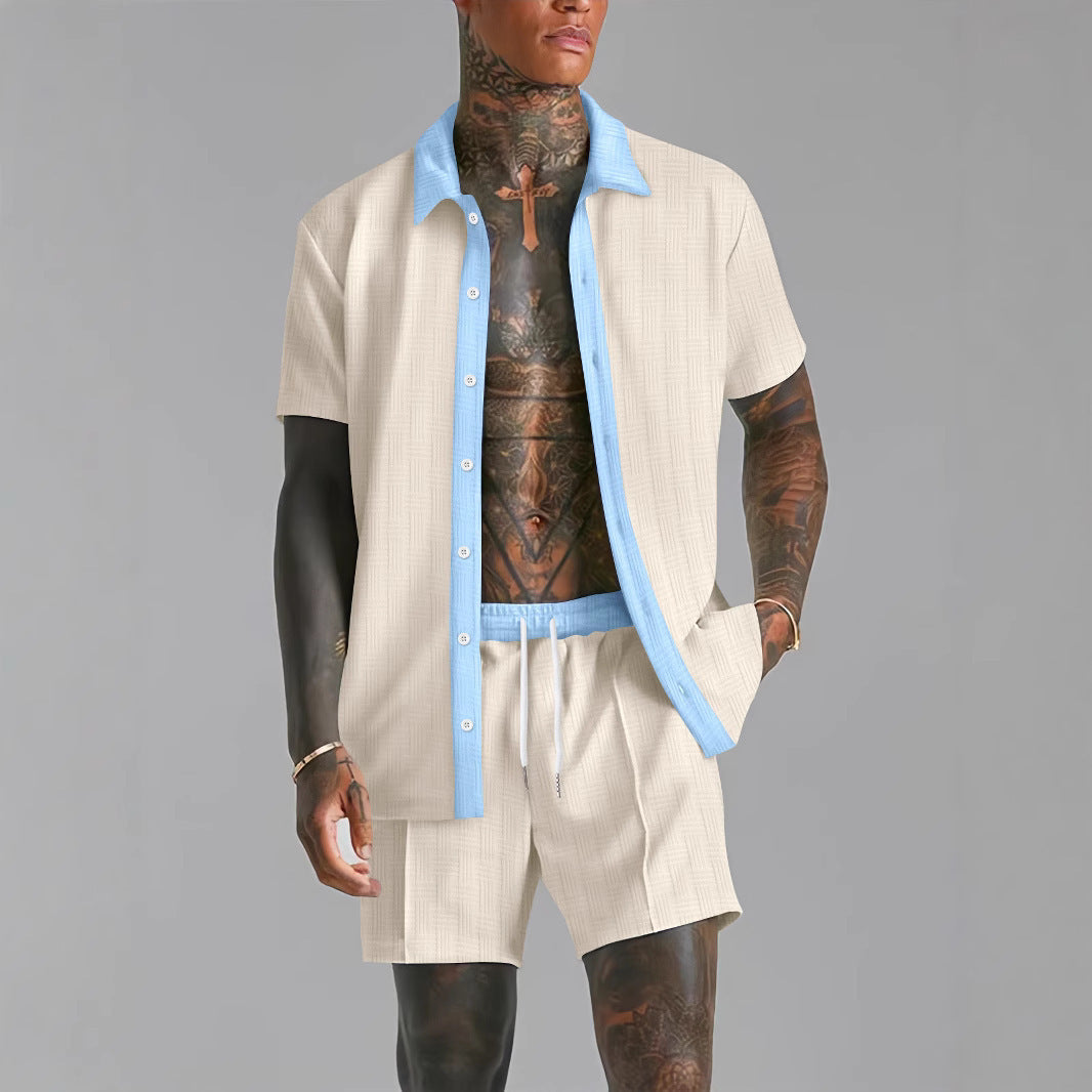 Heren Set Shirt en Shorts – Relaxte Pasvorm – Ademende Stof – Knoopsluiting – Elastische Taille