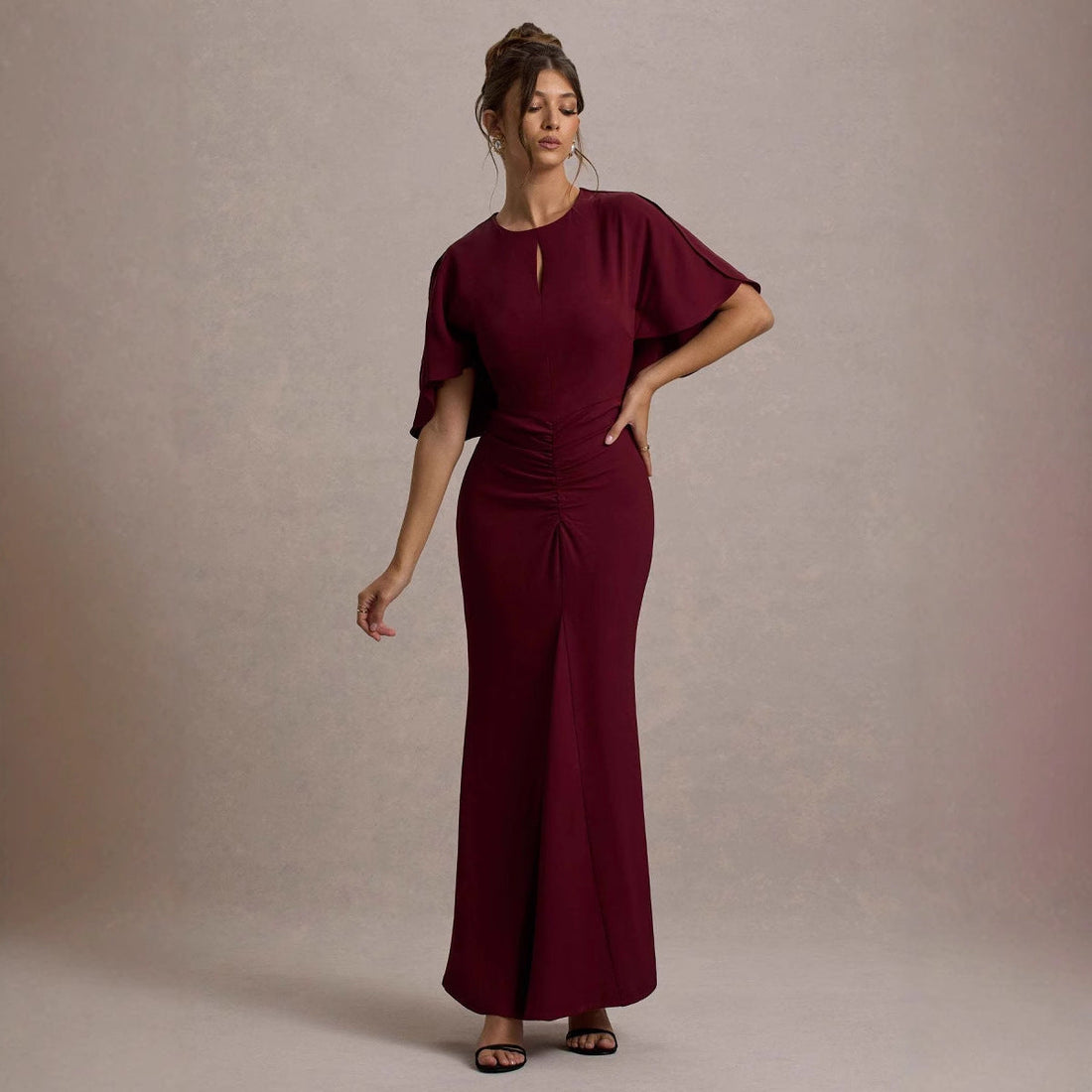 Dames Maxi Jurk – Getailleerd Model – Ruches Taille – Flutter Mouwen – Luxe Stof