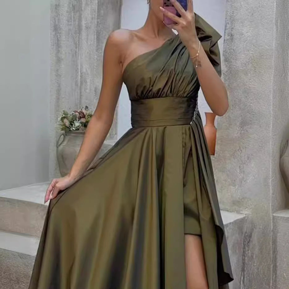 Dames Avondjurk – One-Shoulder – Luxe Stof – Getailleerd – Hoge Split – Lange Rok