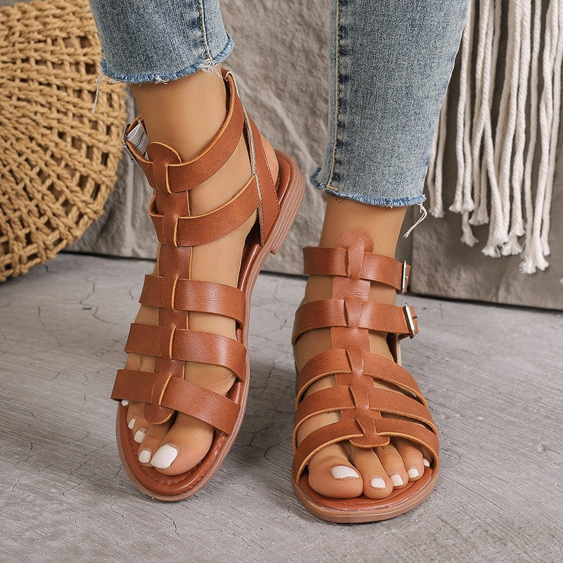 Dames Sandalen – Faux Leer – Platte Zool – Open Teen – Verstelbare Gespstraps