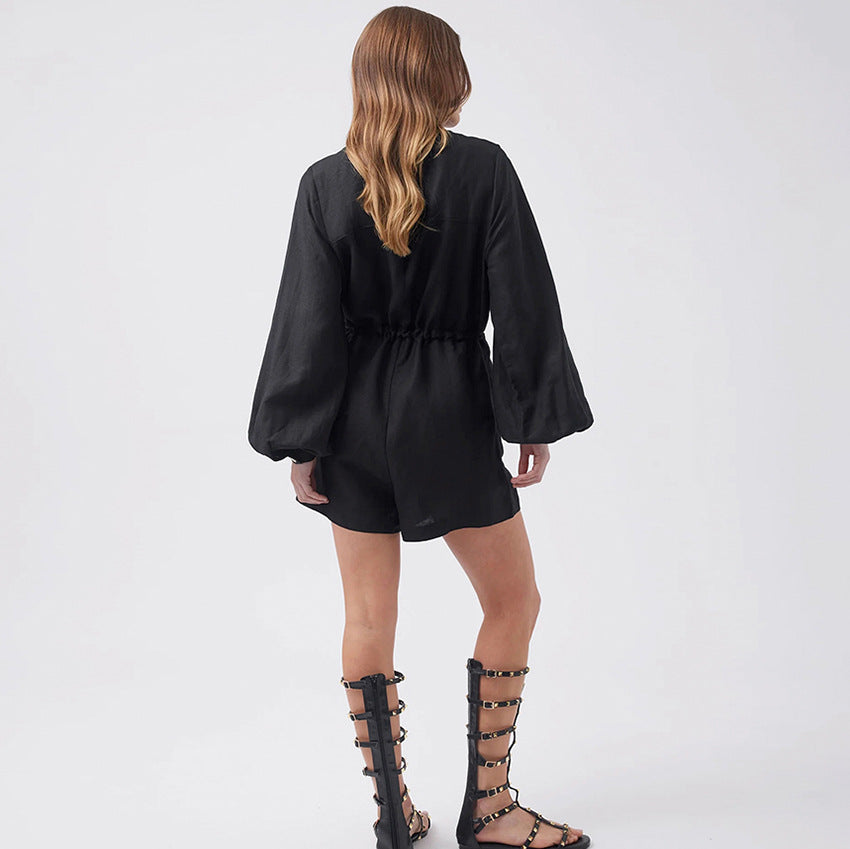 Dames Utility Jumpsuit – Katoen Linnen – Relaxte Pasvorm – Lange Mouwen – Taillekoord
