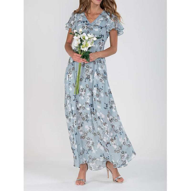 Dames Maxi Jurk – V-hals – Bloemenprint – Vlindermouw – Luchtige Pasvorm