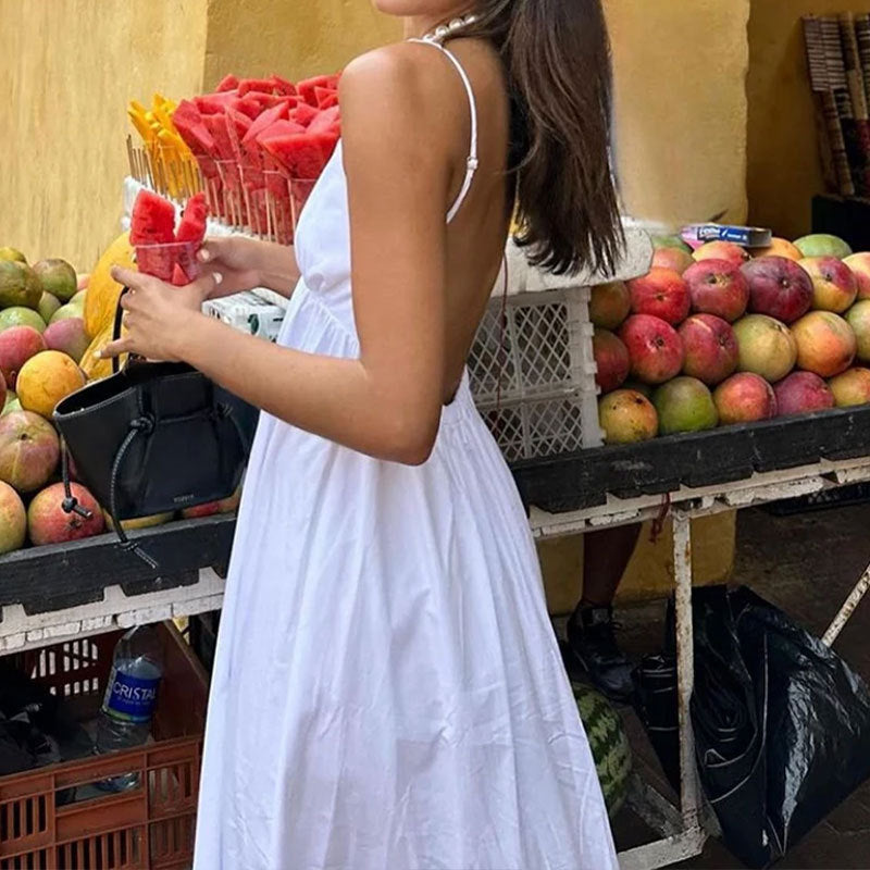 Damer Maxi Klänning – Luftig Bomullsblandning – V-Ringning – Spagettiband – Öppen Rygg