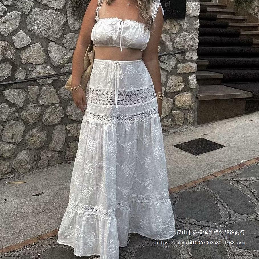 Damer Tvådelat Set – Axellös Croptopp – Hög Midja Maxikjol – Spets