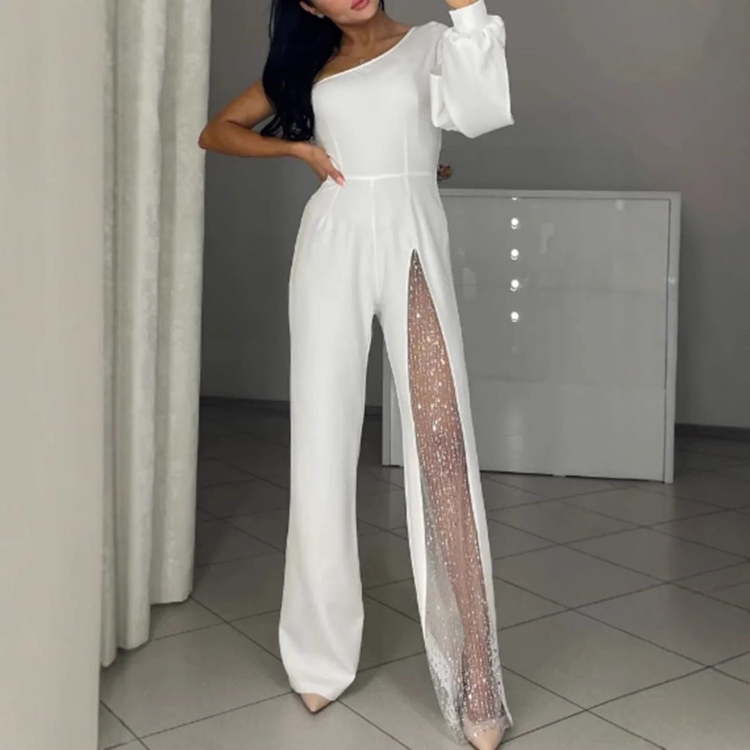Dam Jumpsuit – Smal Passform – Asymmetrisk – Lyxiga Tyger – Paljetter – Lång Modell
