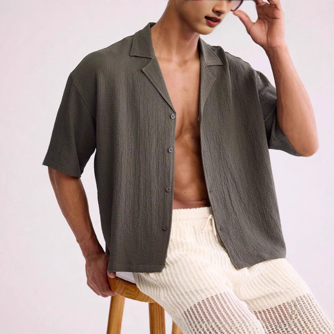 Herr Skjorta Kort Ärm – Relaxed Passform – Textur Vävd – Lätt Andningsbar