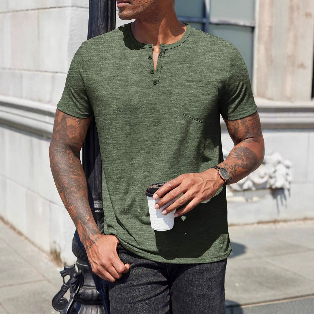 Heren T-shirt – Slim Fit – Henley Kraag – Katoenmix – Korte Mouwen – Borstzak