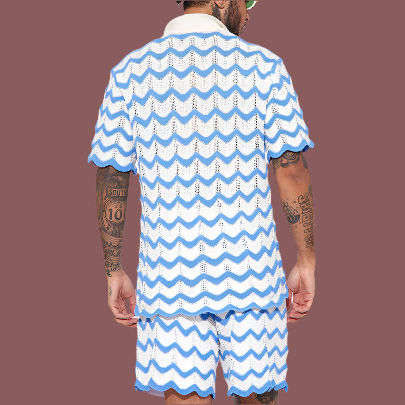 Herr polotröja – Relaxed passform – Mjukstickad – Kort ärm – Virkat mönster