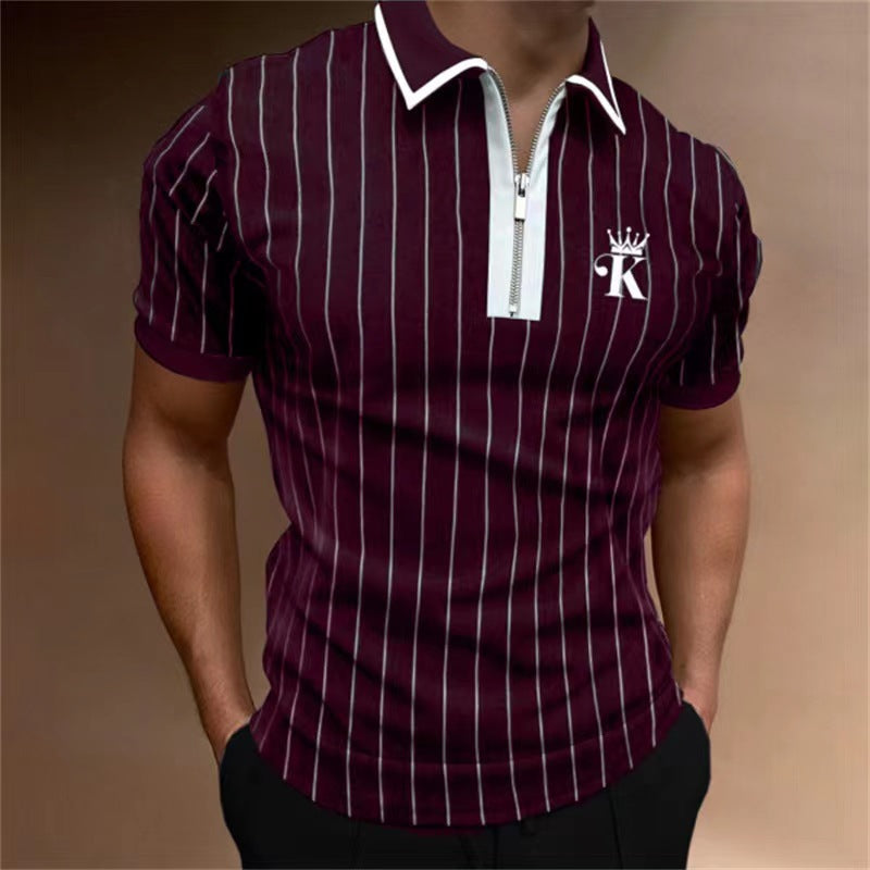 Herr Polo Shirt – Slim Fit – Bomull – Dragkedjekrage – Pinstripe Design – Emblem