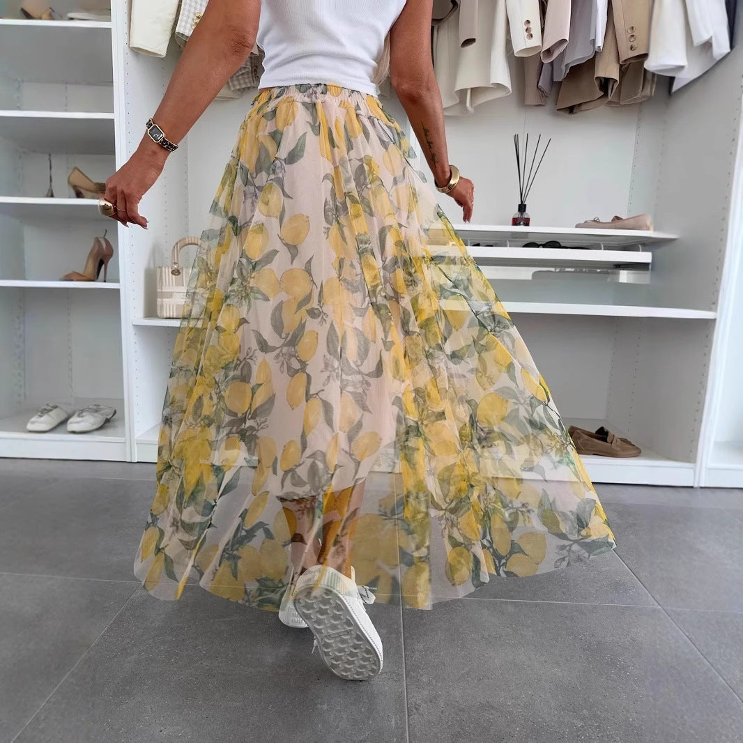 Dames Maxi Rok – Luchtige Mesh – Elastische Taille – Citroenprint – Casual Pasvorm