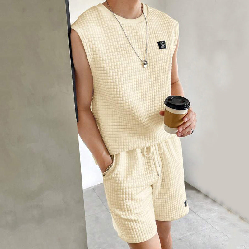 Heren Set Mouwloos Shirt en Shorts – Wafelstructuur – Relaxte Pasvorm – Loungewear