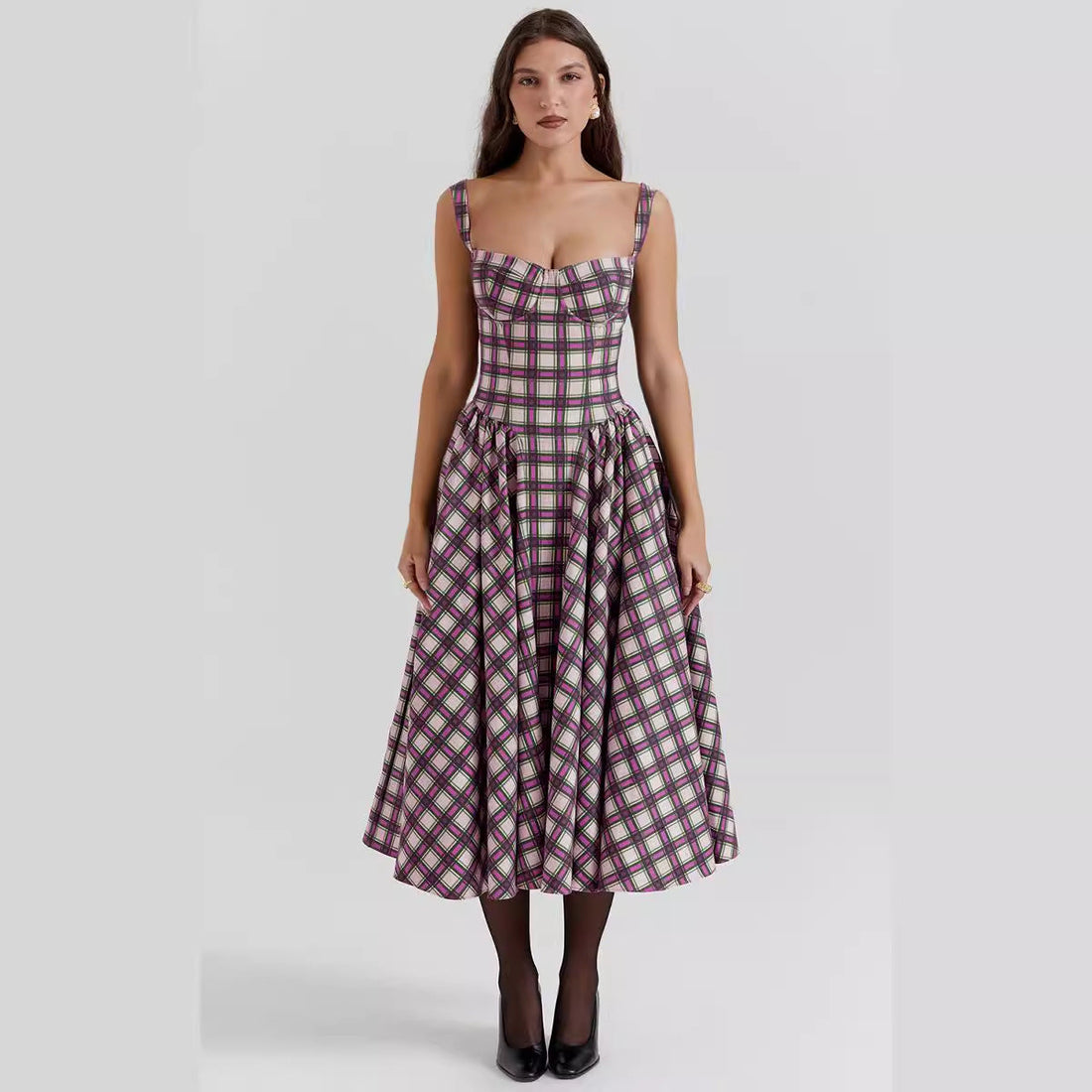 Dames Maxi Jurk – Getailleerd Bovenlijf – Geruite Print – Elegante Zwier – Met Zakken