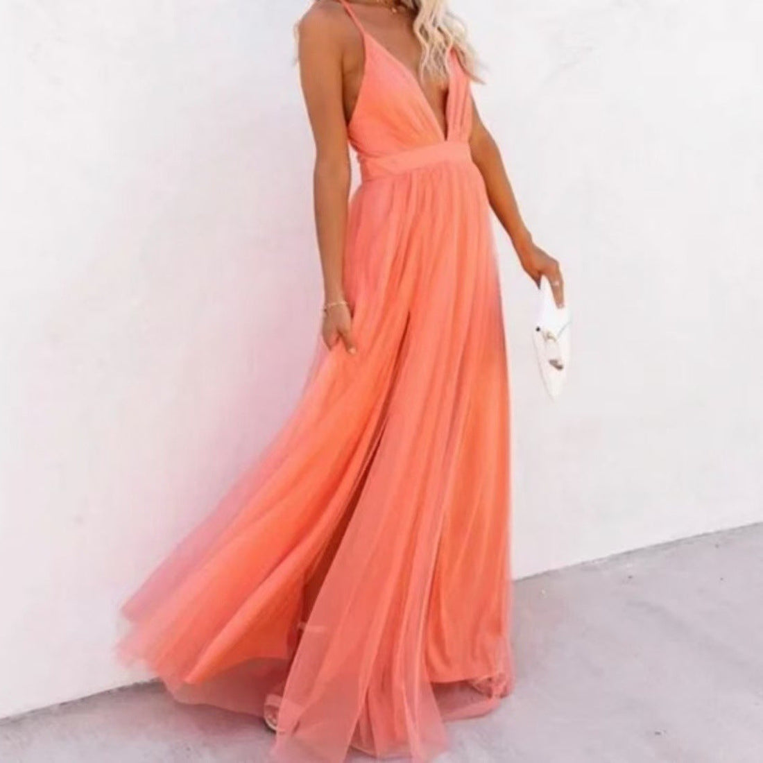 Dames Maxi Jurk – Mouwloos – V-Hals – Getailleerd – Luchtige Stof – Elegant Model