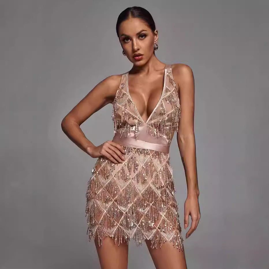 Dames Midi Jurk – Figuurvolgend Model – Pailletten en Kwastjes – Diepe V-Hals