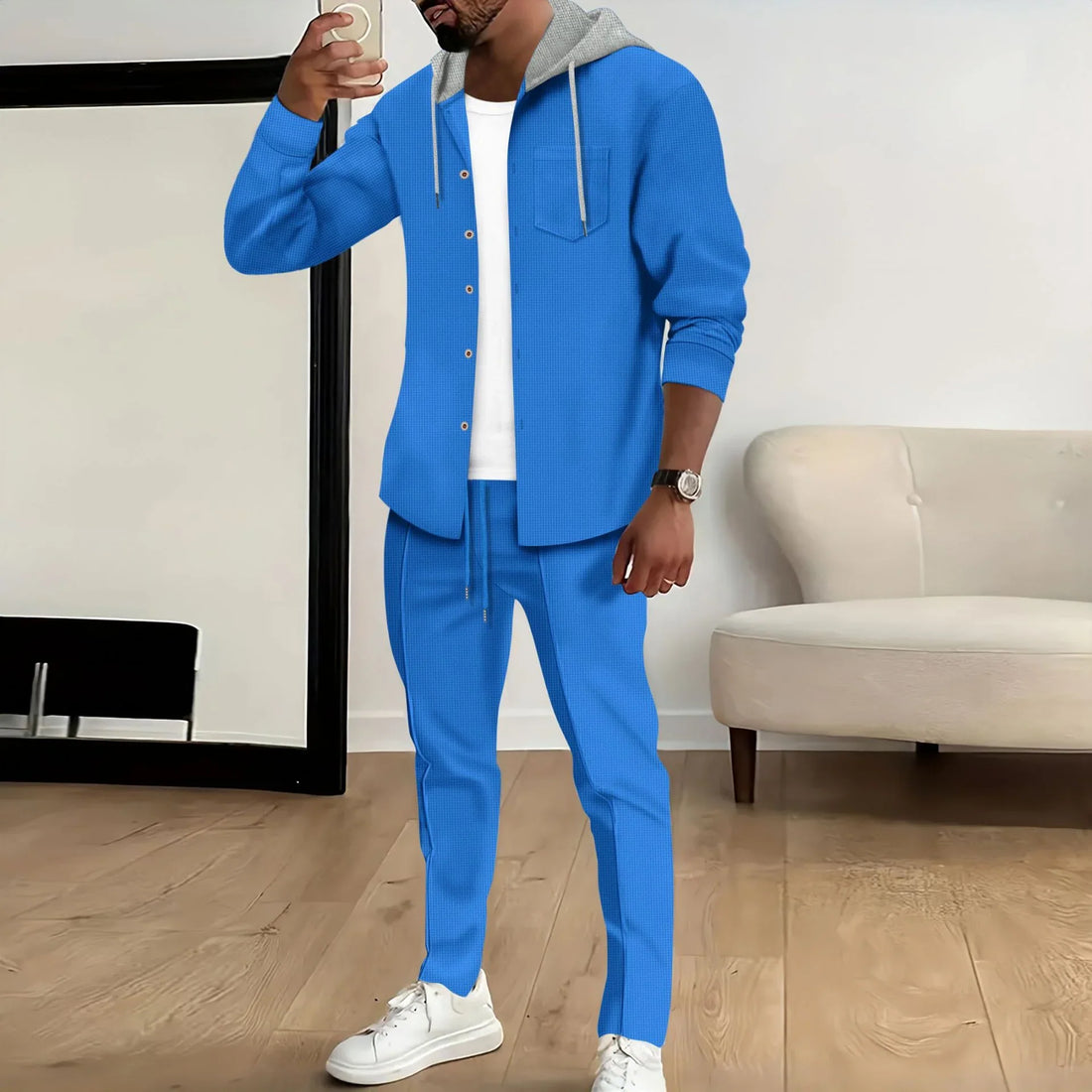 Heren Trainingspak – Relaxed Fit – Katoenmix – Capuchon – Knoopsluiting – Trekkoord Taille