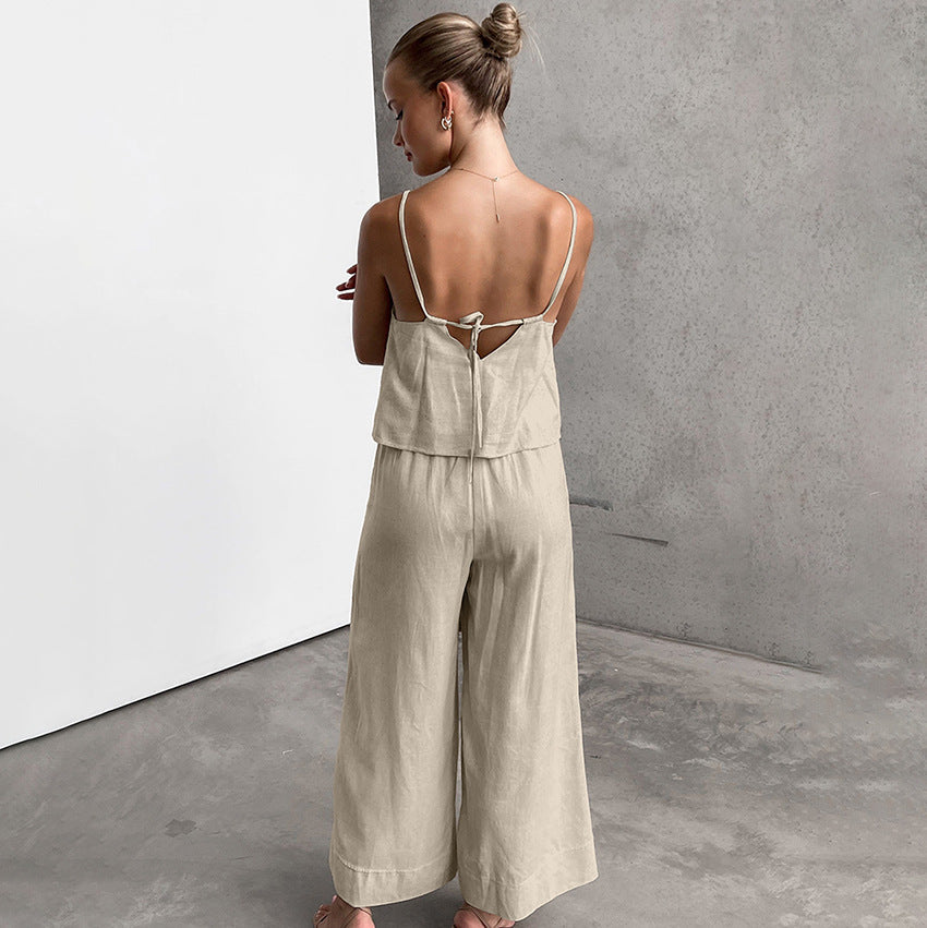 Dames Set Top en Broek – Katoen Linnen – Relaxed Fit – Spaghettibandjes – Trekkoord
