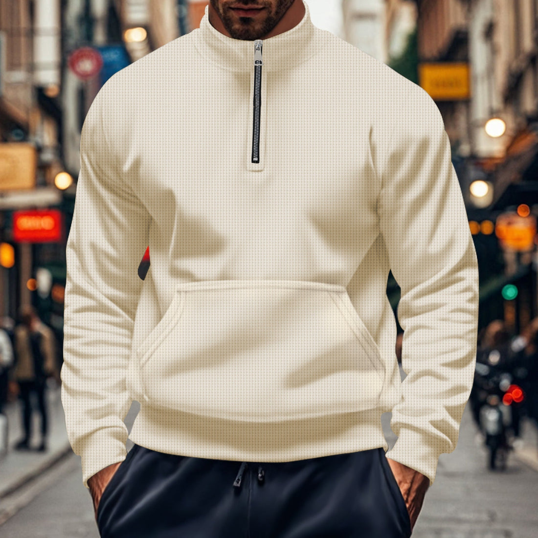 Heren Sweatshirt – Relaxed Fit – Half Zip – Kangaroozak – Ribboorden – Katoen Knit
