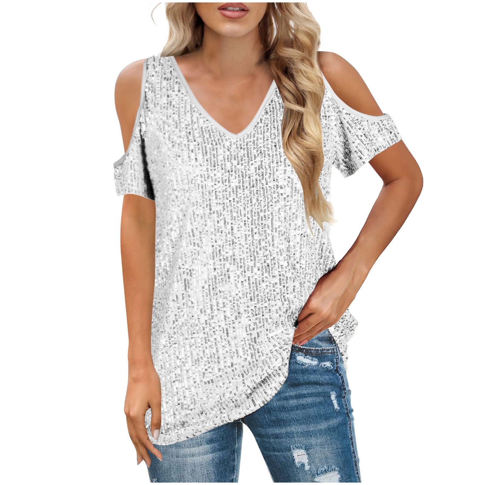 Dames Top – V-Hals – Cold Shoulder – Relaxed Fit – Pailletten Voorkant – Korte Mouw