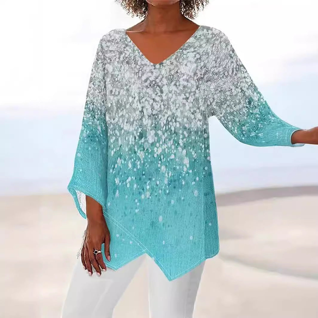Dames Top met V-hals – Losse Pasvorm – Lange Mouwen – Ademend – Artistieke Print