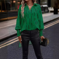 Damsblus – Relaxed Passform – V-ringning – Andningsbar – Vertikala Ränder – Långa Ärmar