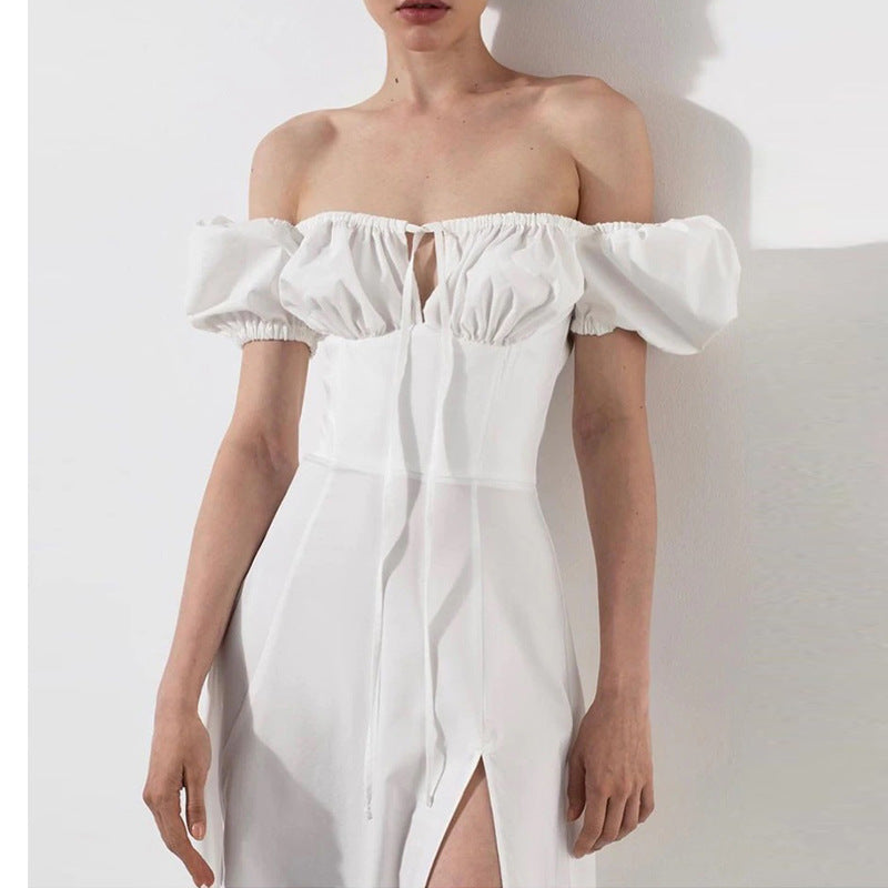 Midi-jurk voor dames - pofmouwen - vierkante halslijn - elegant uitlopende rok