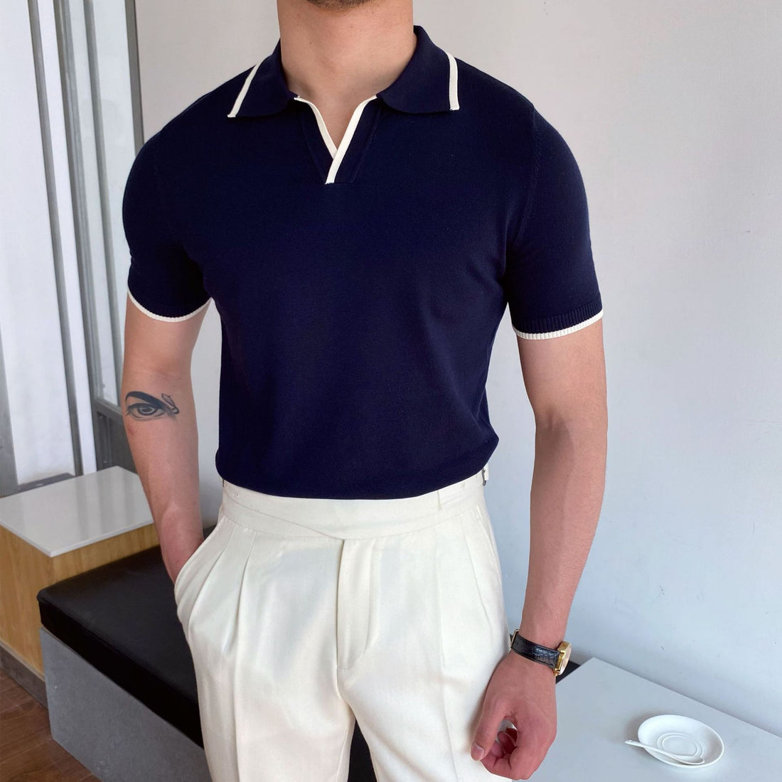 Heren poloshirt met korte mouwen - Slim fit - contrasterende kraag en manchetten