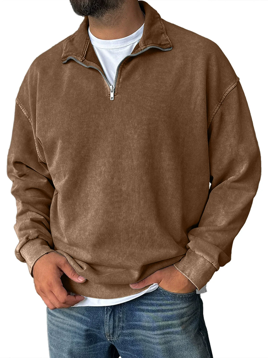 Heren sweatshirt – Relaxed fit – Half zip met opstaande kraag – Ribboorden – Casual stijl