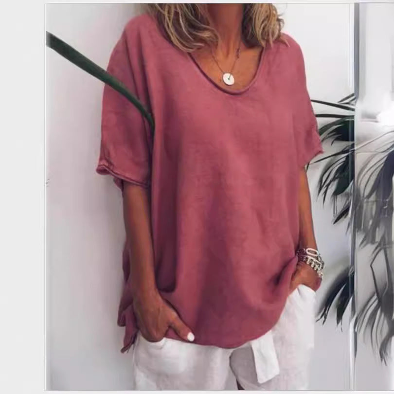 Dames T-shirt – Linnen Katoen – Relaxed Fit – V-hals – Korte Mouwen