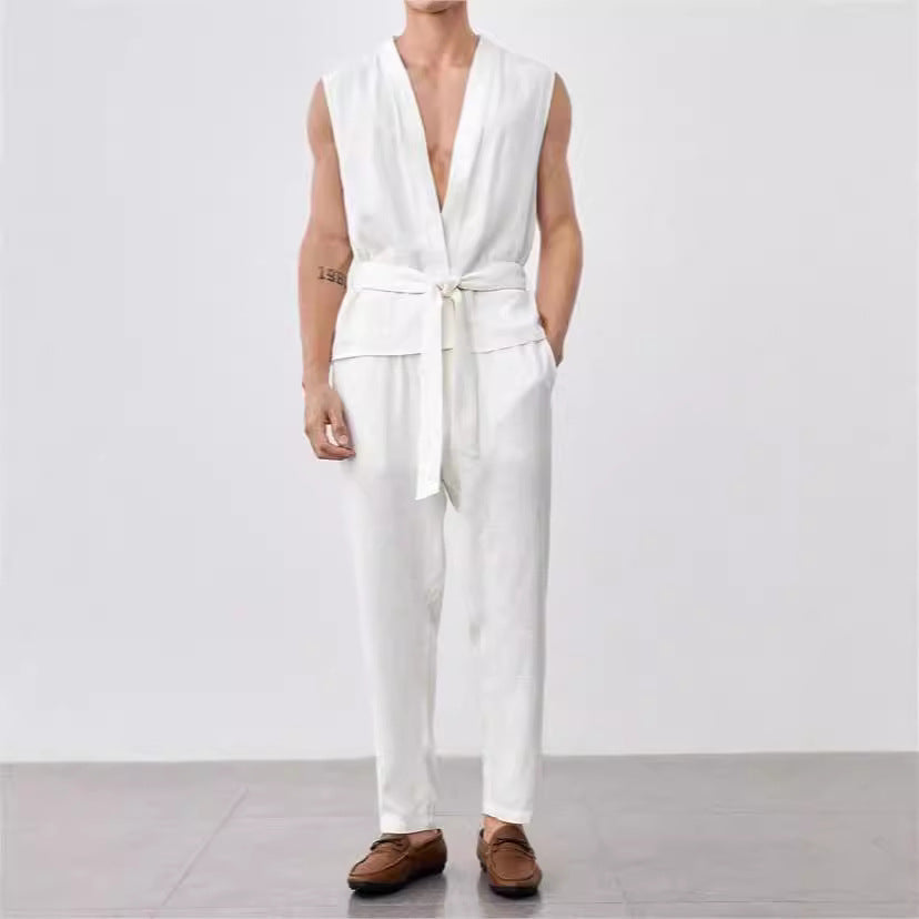 Herr ärmlös topp – luftig bomull – avslappnad passform – djup V-ringning – midjebälte