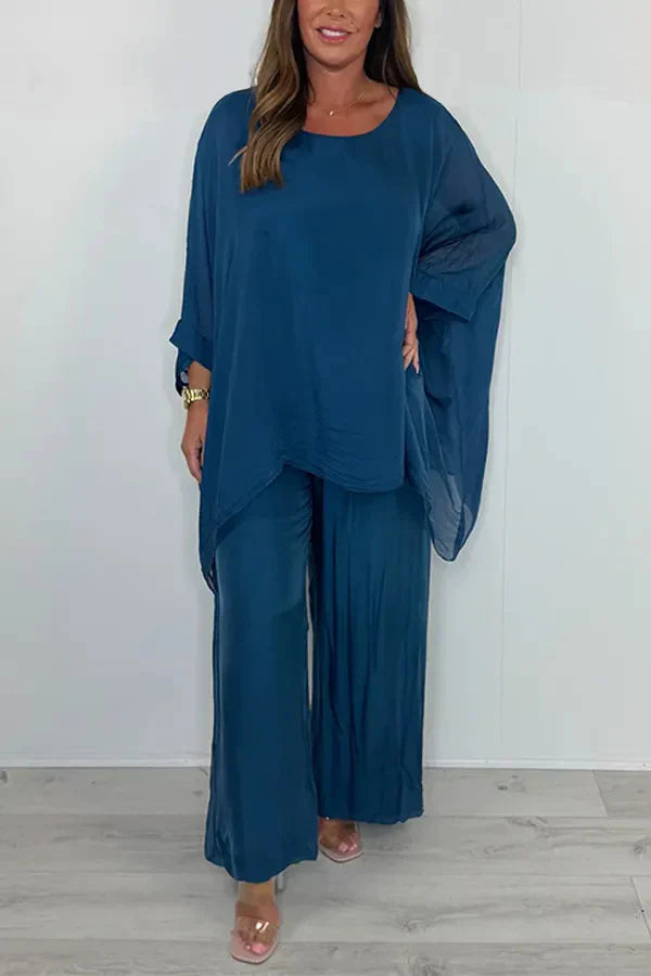 Damer Tvådelat Set – Vida Byxor – Asymmetrisk Topp – Luftig Passform