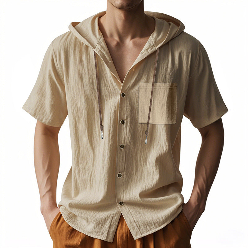 Heren Hooded Shirt – Relaxed Fit – Korte Mouw – Ademend Natuurlijk Textiel – Casual Stijl