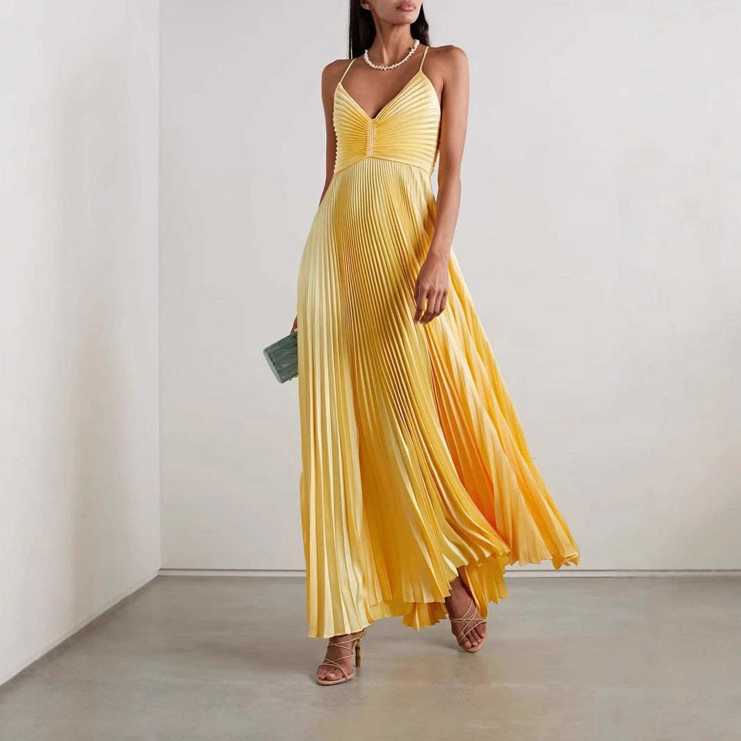 Dames Maxi Jurk – Geplooid Chiffon – V-Hals – Spaghettibandjes – Elegante Pasvorm