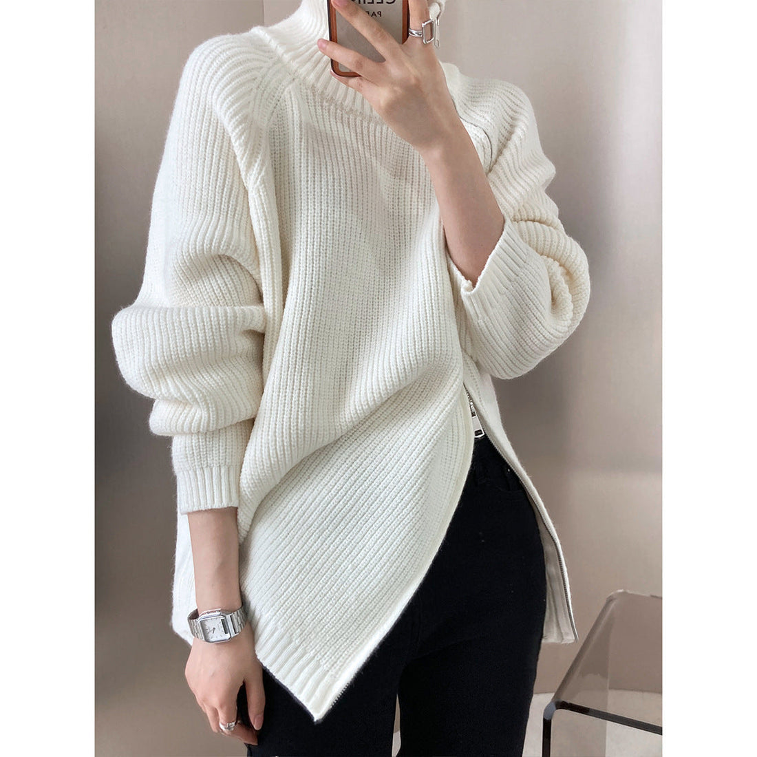 Dames trui – Wolmix – Oversized pasvorm – Hoge kraag – Ritsdetail – Geribd breisel