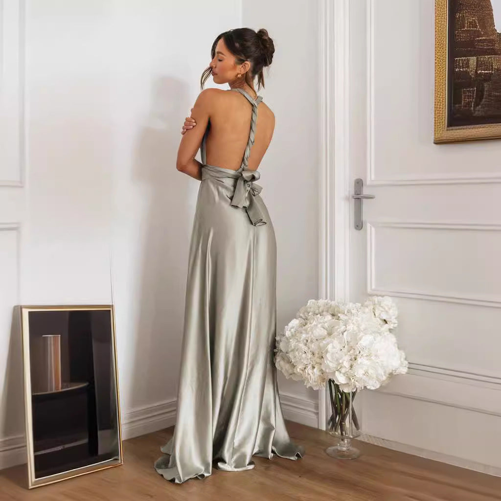 Damer Maxi Klänning – Satin – A-linje – Halterhals – Öppen Rygg med Rosett – V-hals