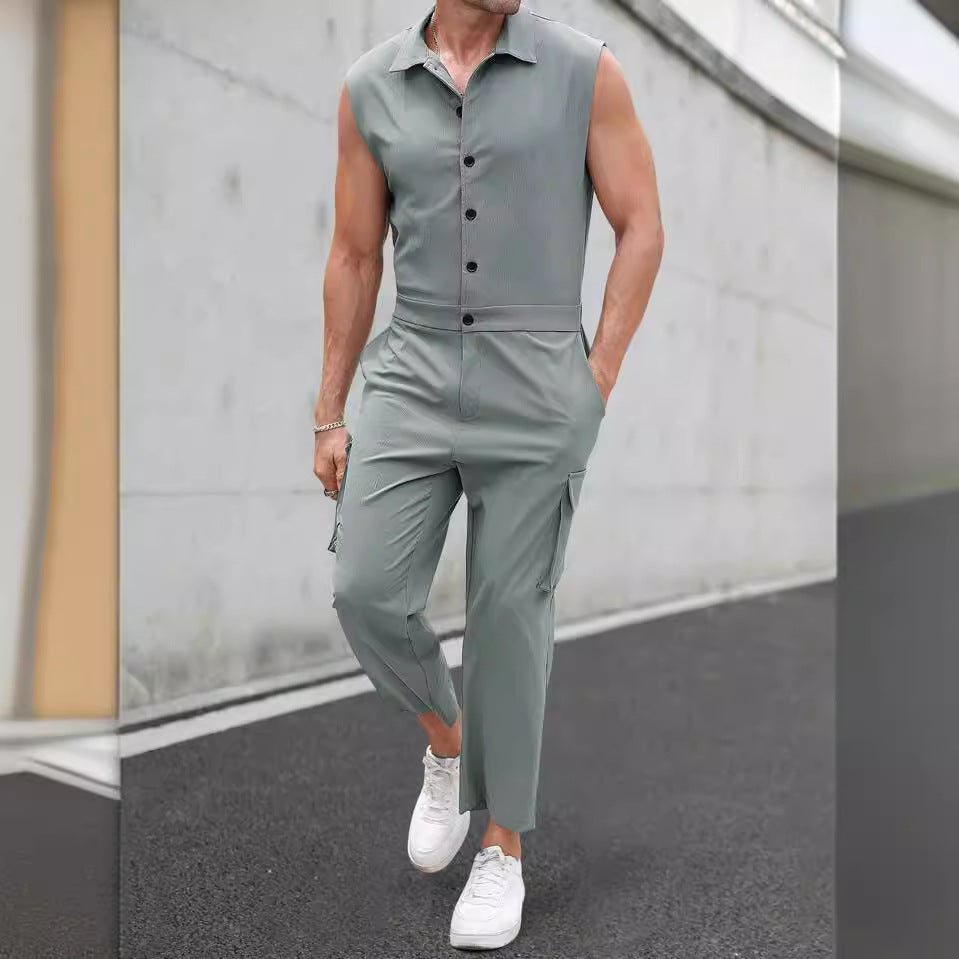 Herr Jumpsuit – Slim Fit – Ärmlös – Knäppning – Skjortkrage – Full Längd