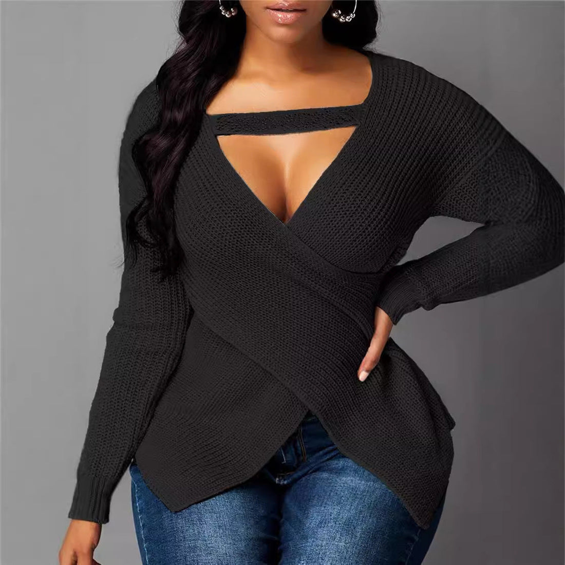 Dames Trui – Getailleerd Model – Asymmetrische V-Hals – Gebreid – Lange Mouwen