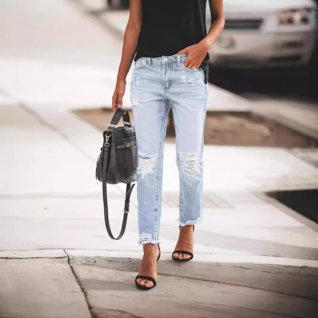 Damer Jeans – Relaxad Passform – Raka Ben – Sliten Vintage Look