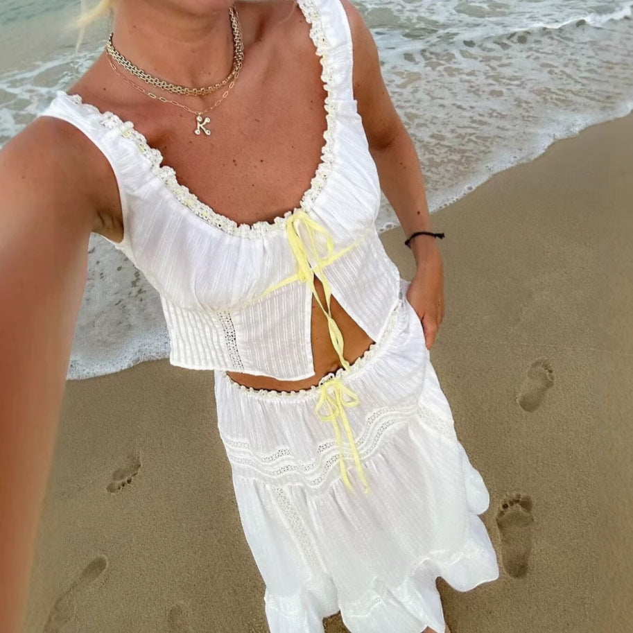 Damer Tvådelat Set – Spets Croptop med Rosett – Flared Midi Kjol – Luftig Bomull