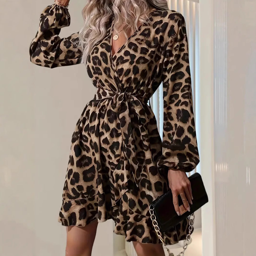 Damer midi wrap klänning – V-ringning – Midjebälte – Ballongärmar – Lätt tyg