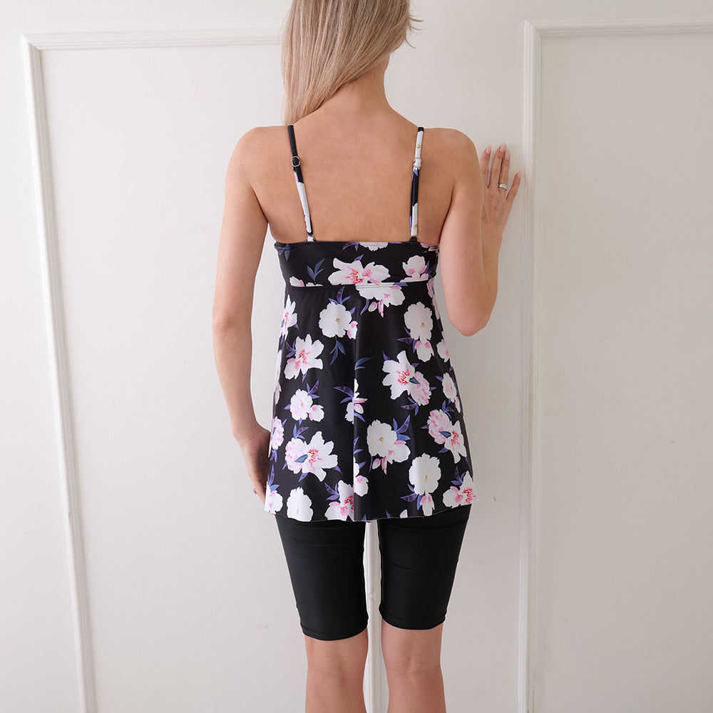 Dam Badklänning – A-Linje Passform – Spagettiband – Inbyggd Short – Blommönster