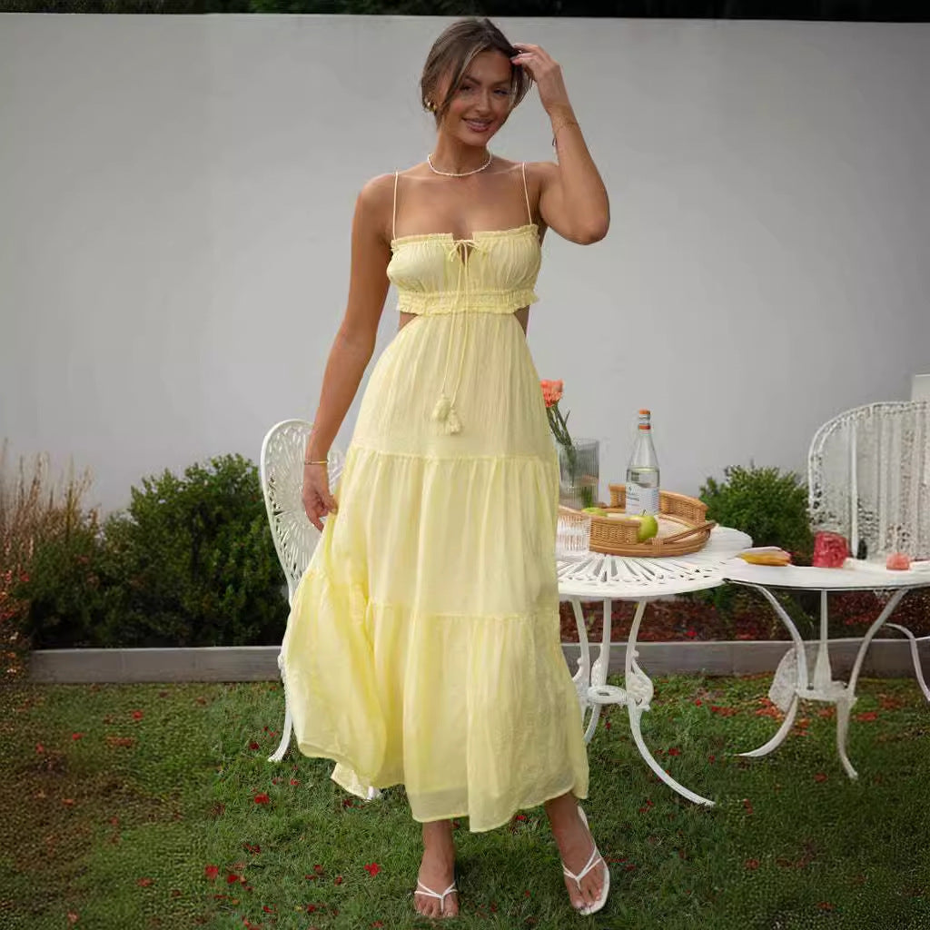 Dames Maxi Jurk – Luchtige Stof – Gelaagde Rok – Cut-Out Zijkanten – Open Rug